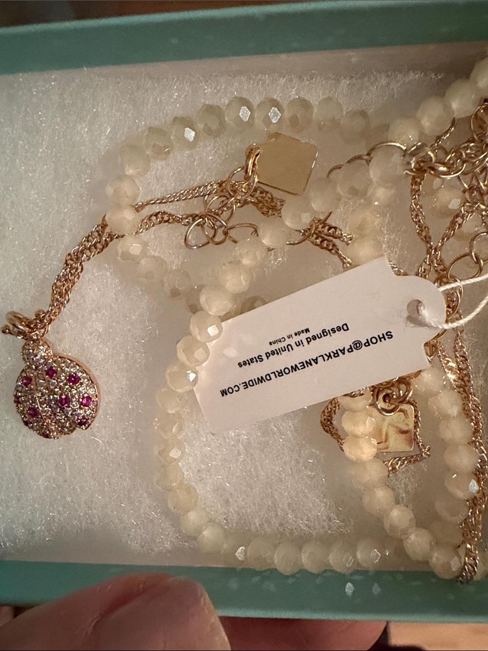 Park Lane Gold-Tone Ivory Beaded Necklace with Pink Accent Charm